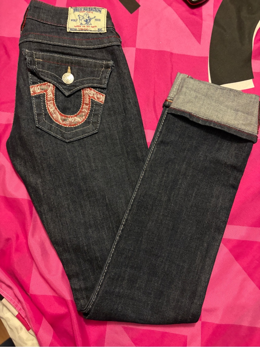 True Religion Low Rise, Cuffed Above The Ankle Dark Blue Jeans W/Red Pocket Logo